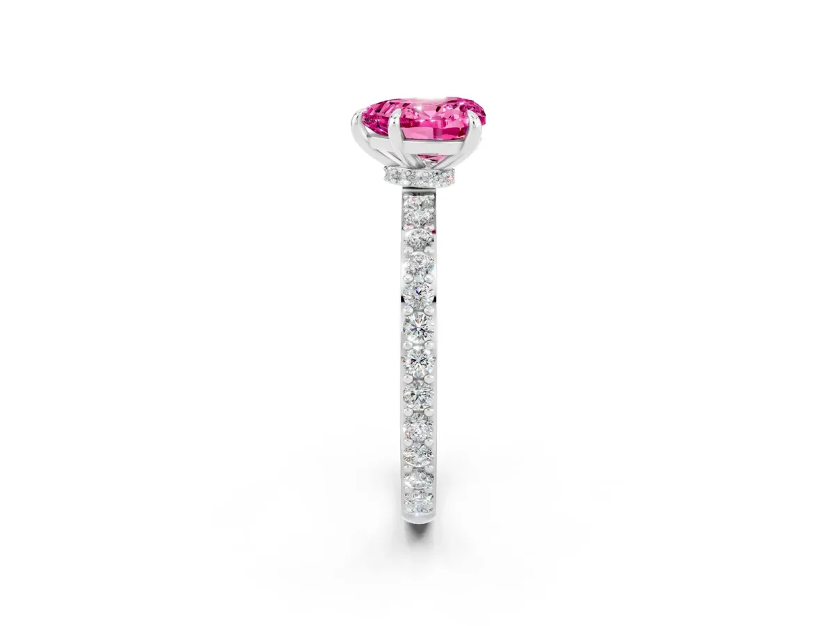 Heart Cut Pink Sapphire Solitaire Engagement Ring with Pavé Band and Four-Prong Setting White gold