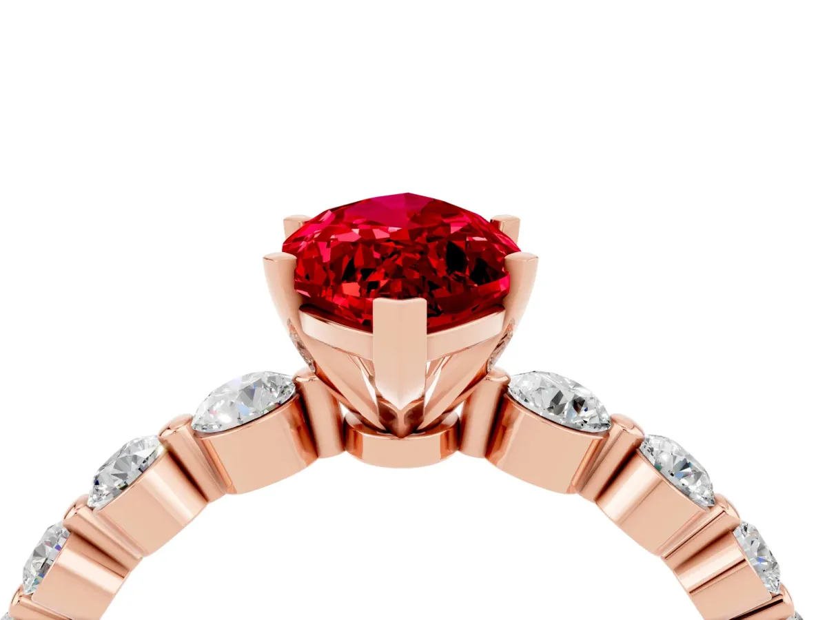 Marquise Cut Solitaire Ruby Ring with Pave Band and Four-Prong Setting Rose gold