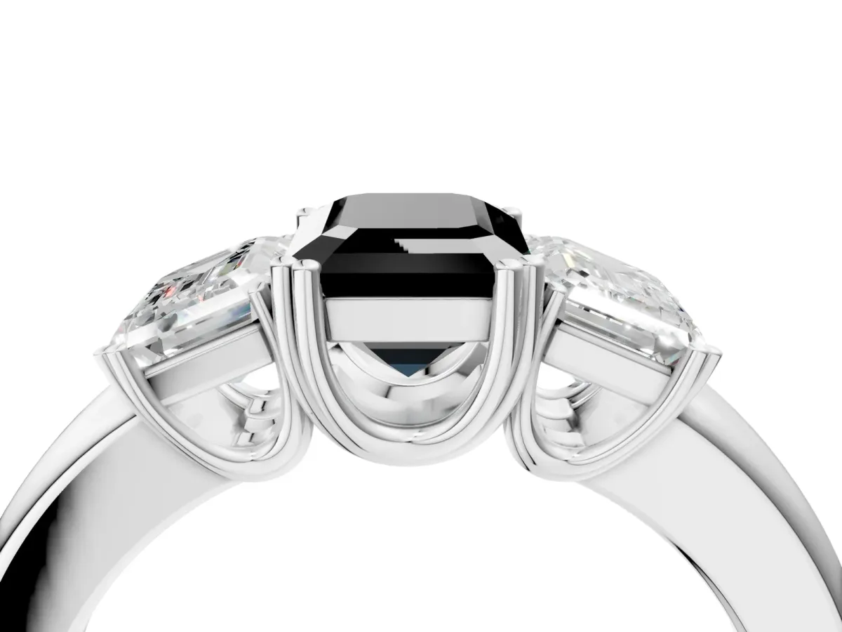 Fancy Black Three-Stone Emerald Cut Cut Diamond Ring with Channel Set Band and Four-Prong Setting Platinum