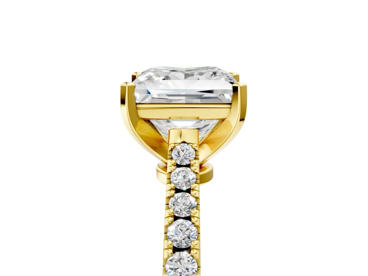 Princess Cut Cut Solitaire Diamond Engagement Ring with Pave Band and Four-Prong Setting Yellow gold