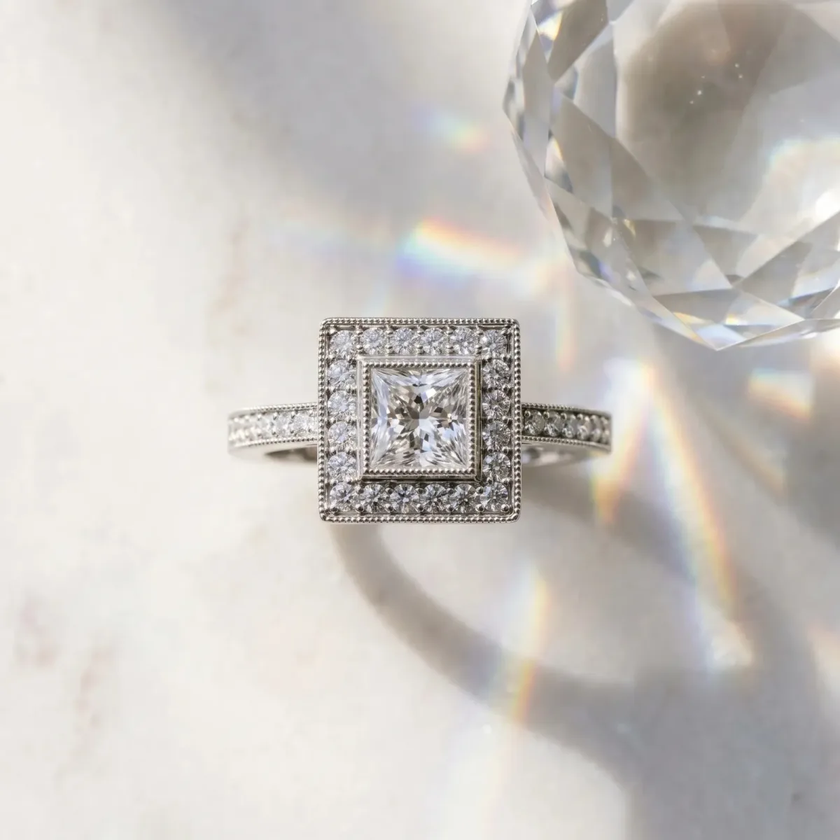 Princess Cut Cut Halo Pavé Diamond Ring Silver