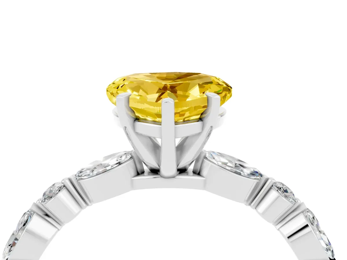 Heart Cut Yellow Sapphire Ring with Marquise and Round Side Stones and Four-Prong Setting White gold