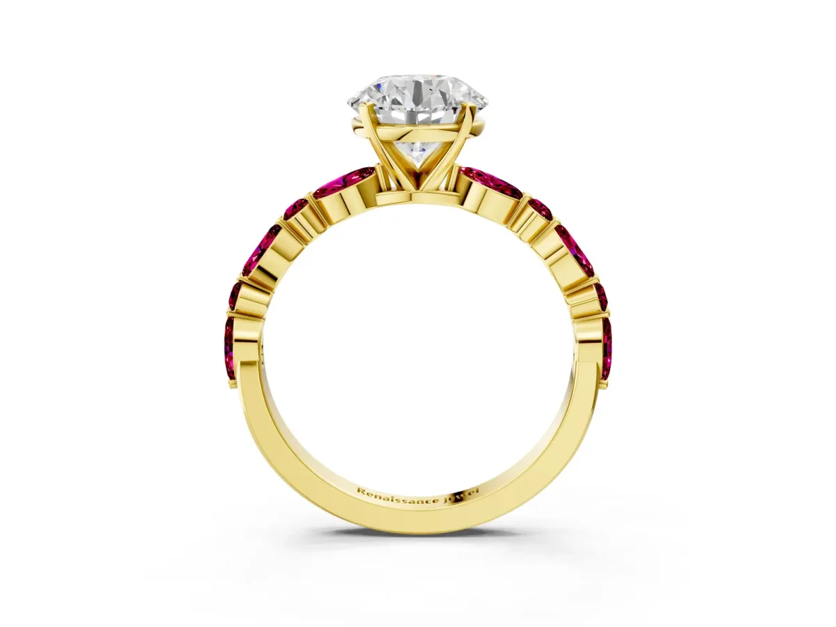 Round Cut Diamond Ring with Marquise and Round Garnet Side Stones and Four-Prong Setting Yellow gold
