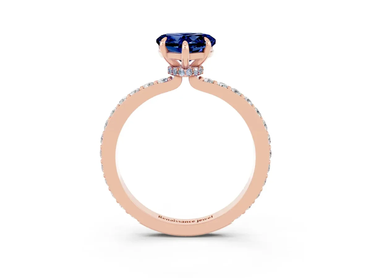 Heart Cut Blue Sapphire Solitaire Engagement Ring with Pavé Band and Four-Prong Setting Rose gold