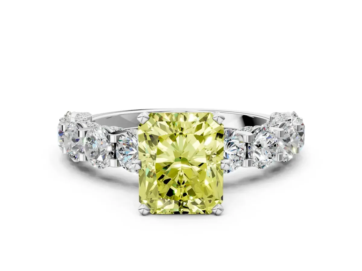 Fancy Yellow Radiant Cut Diamond Side Stone Engagement Ring with Four-Prong Setting Platinum