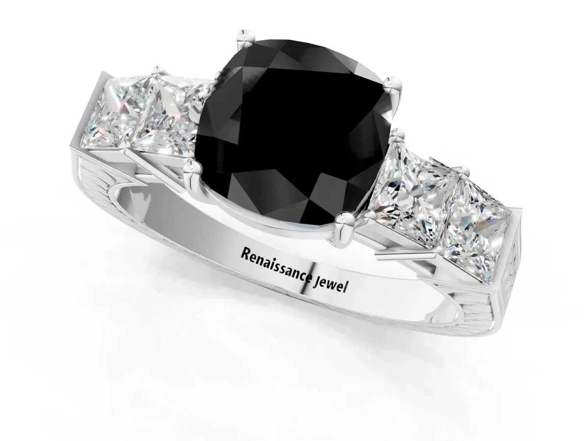 Fancy Black Cushion Cut Solitaire Princess Side Stone Engraved Band Prong Setting Ring White gold