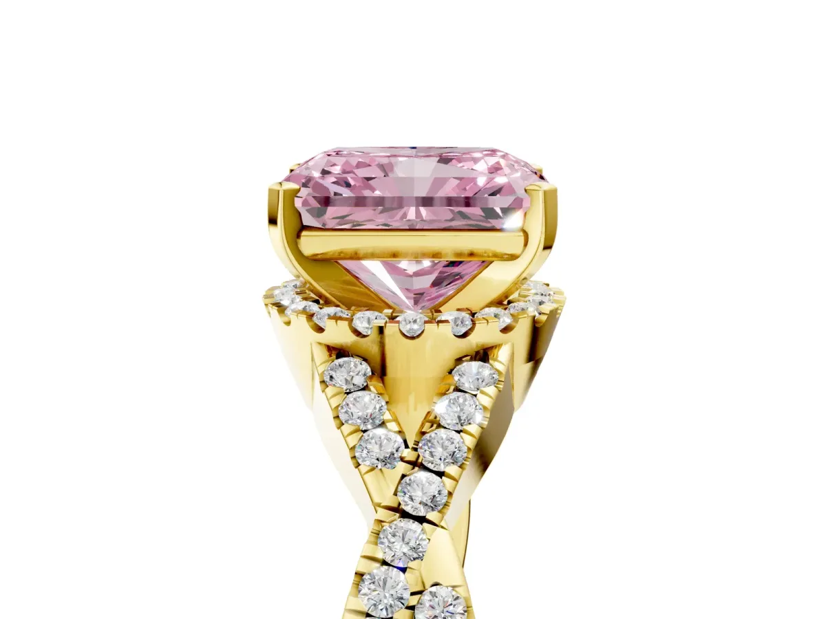 Fancy Pink Radiant Cut Diamond Halo Twist Band Solitaire Prong Setting Ring Yellow gold