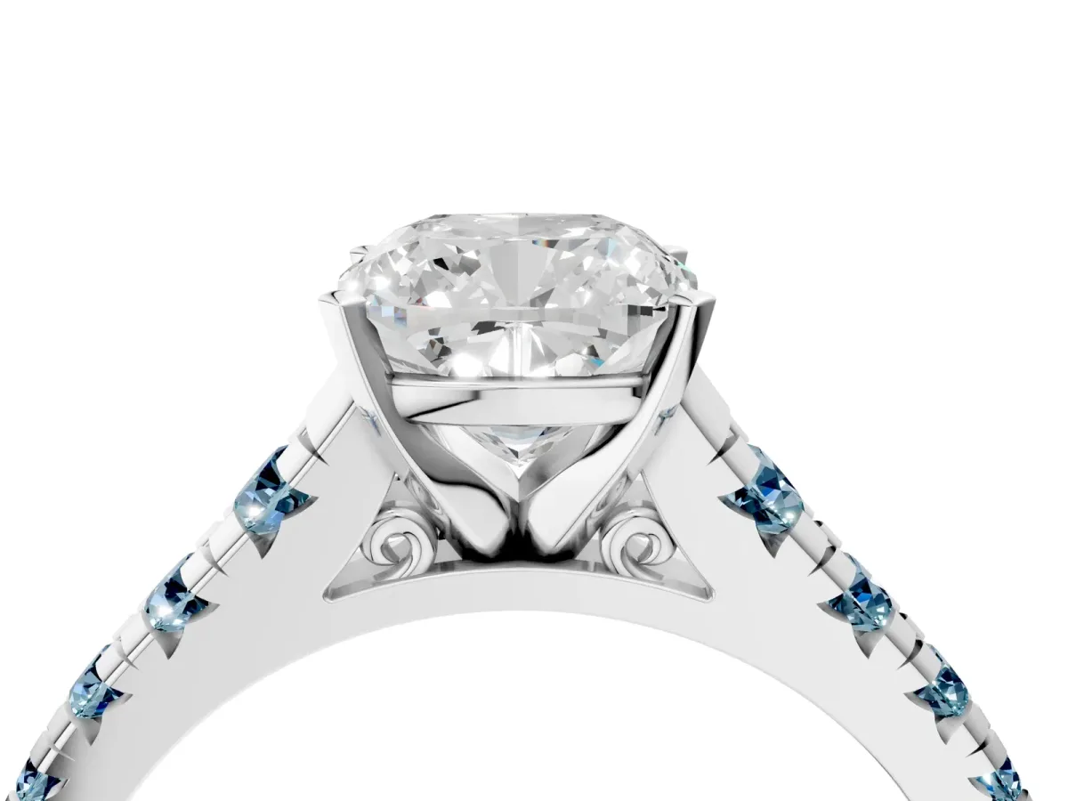 Cushion Cut Diamond Cathedral Solitaire Ring with Round Aquamarine Pavé Band White gold