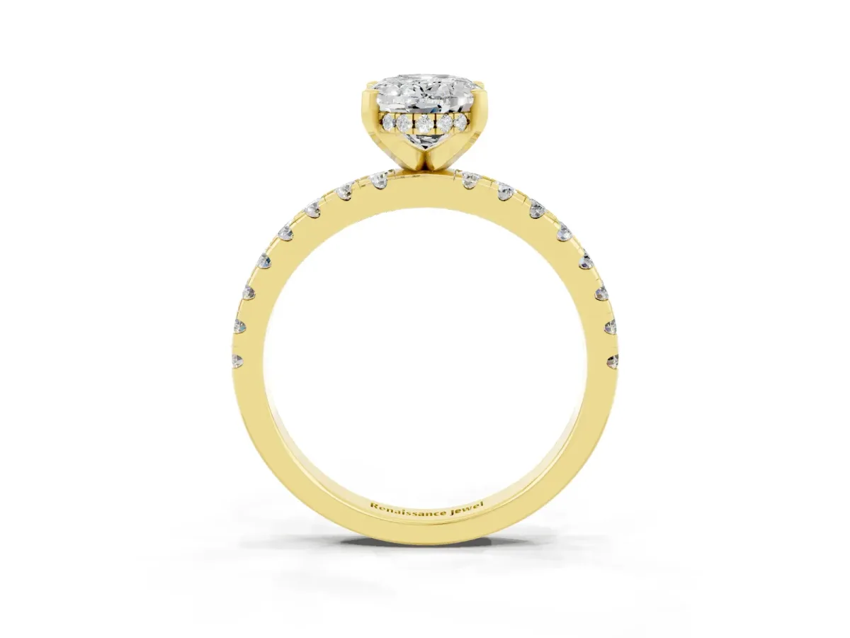 Oval Cut Moissanite Solitaire Ring with Round Pavé Band and Four-Prong Setting Yellow gold