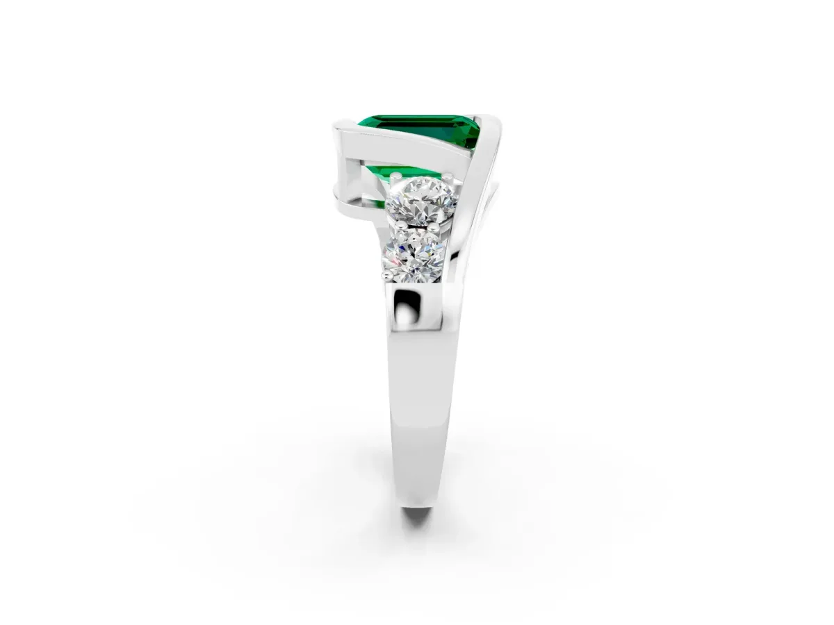 Bezel Set Emerald Cut Emerald Bypass Ring with Round Accents Silver