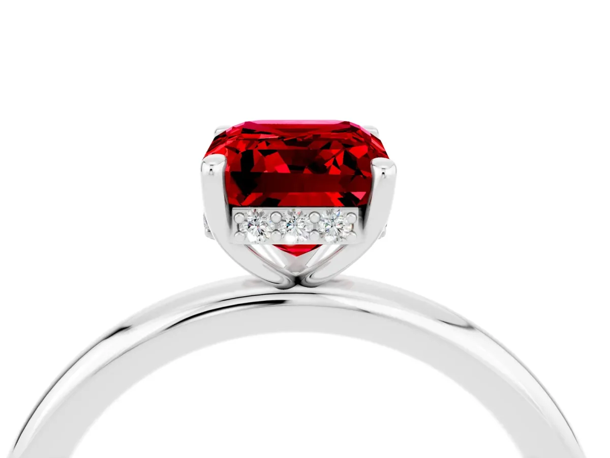 Emerald Cut Ruby Solitaire Ring with Thin Band and Four-Prong Setting White gold