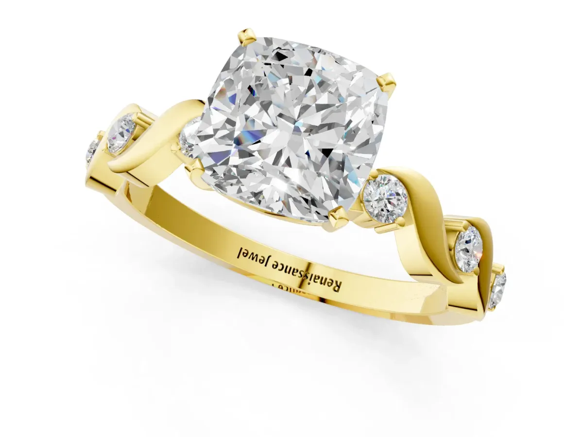 Cushion Cut Diamond Solitaire Twisted Band with Round Accents and Prong Setting Yellow gold