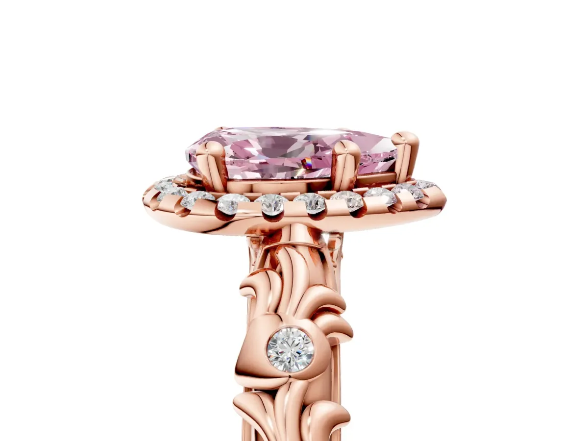 Fancy Pink Pear Cut Diamond Halo Ring with Filigree Band and Prong Setting Rose gold