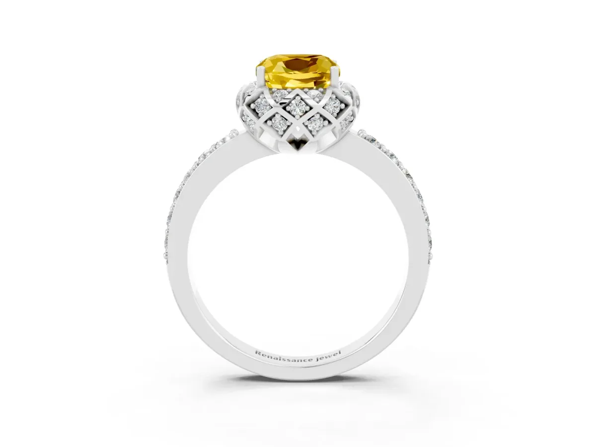 Cushion Cut Yellow Sapphire Scalloped Halo Engagement Ring with Round Shared Prong Band Silver