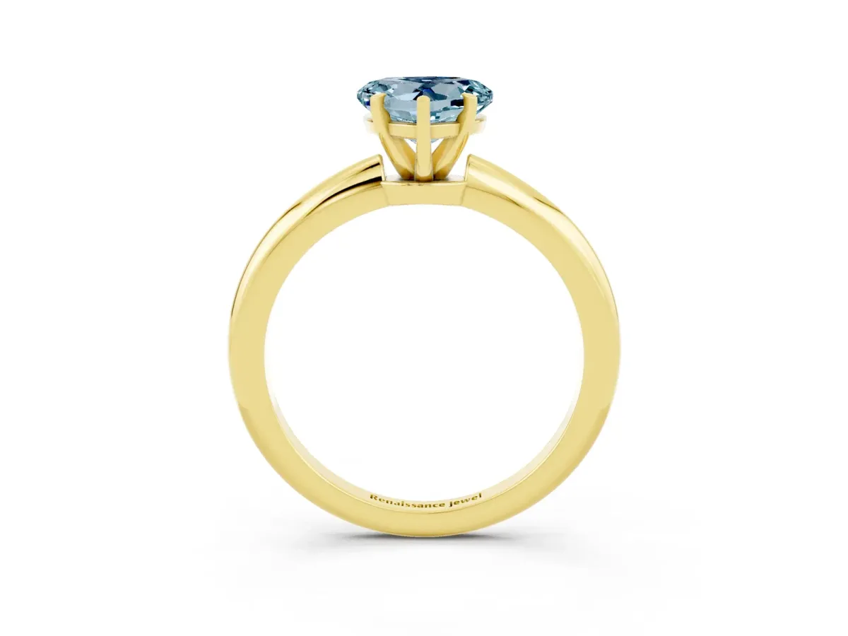 Heart Cut Aquamarine Solitaire Ring with Six-Prong Setting and Classic Band Yellow gold