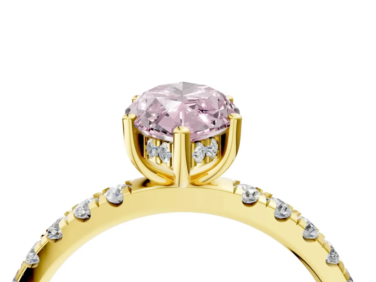 Fancy Pink Marquise Cut Diamond Pave Band Solitaire Ring with Round and Prong Setting Yellow gold