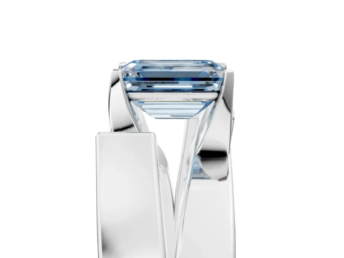 Fancy Blue Modern Tension Set Emerald Cut Diamond Solitaire Wide Band Ring Platinum