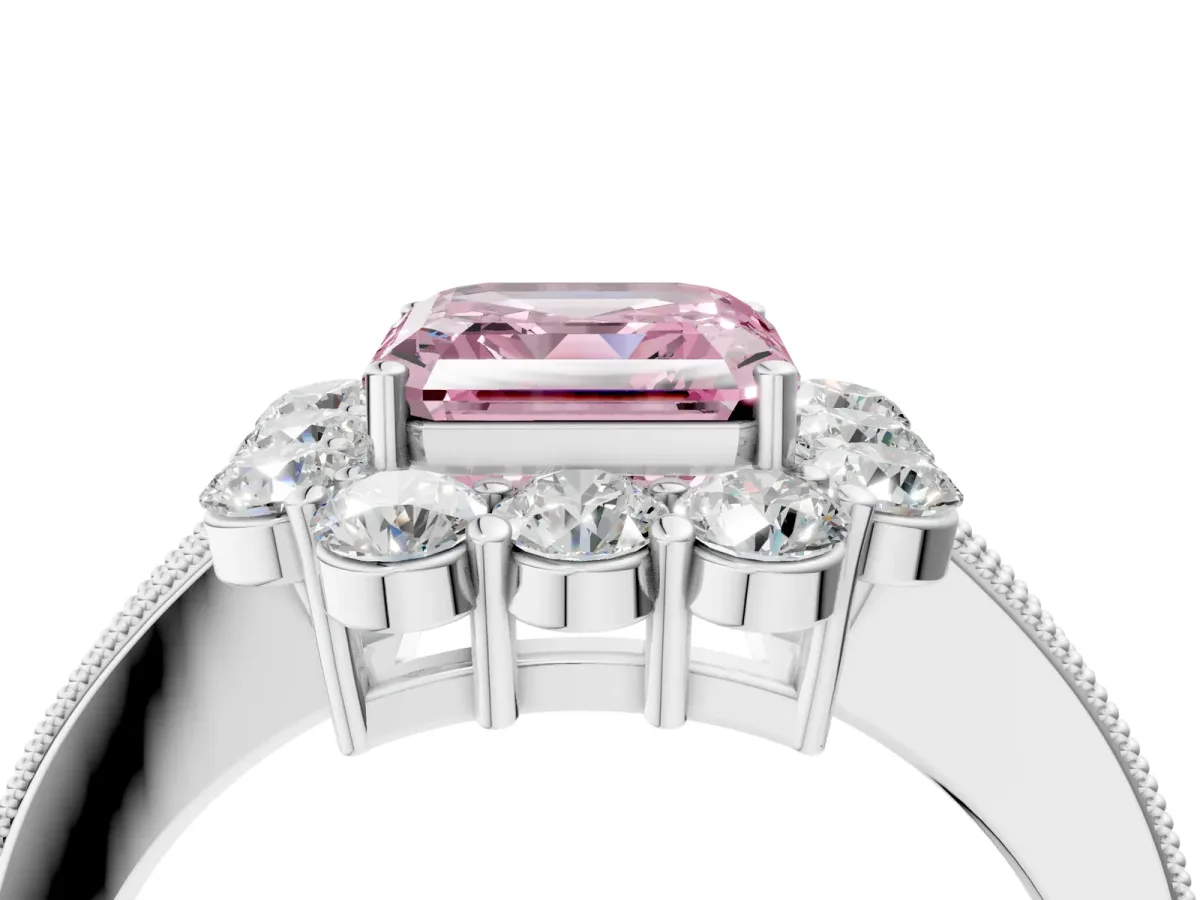 Fancy Pink Asscher Cut Cut Halo Diamond Pavé Engagement Ring with Milgrain Detailing Platinum