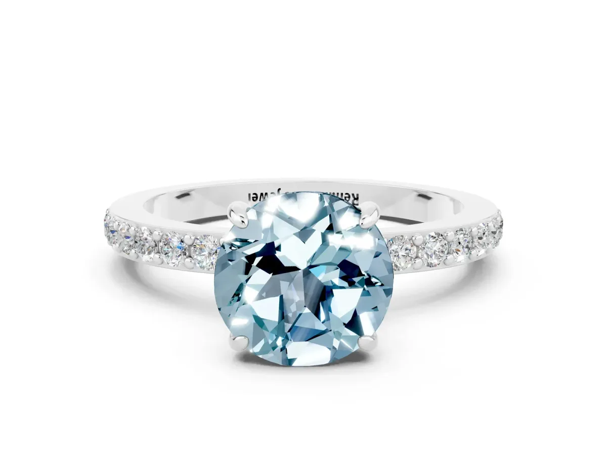Round Cut Aquamarine Solitaire Engagement Ring with Pavé Band and Four-Prong Setting White gold