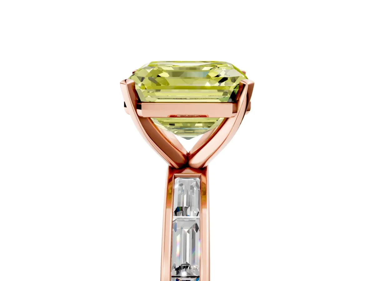 Fancy Yellow Asscher Cut Solitaire Diamond Ring with Channel-Set Baguette Band and Four-Prong Setting Rose gold
