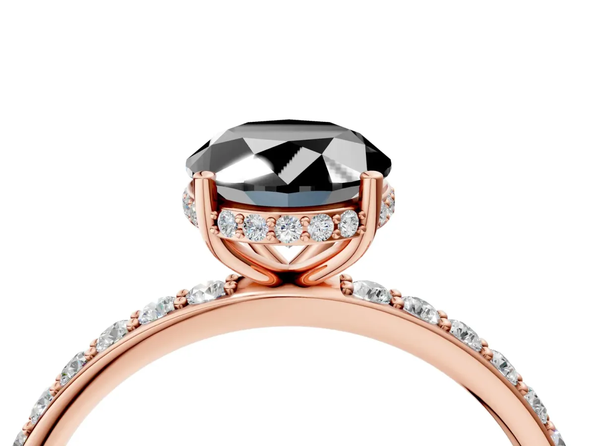 Fancy Black Oval Cut Diamond Solitaire Ring with Pavé Band and Hidden Halo Rose gold