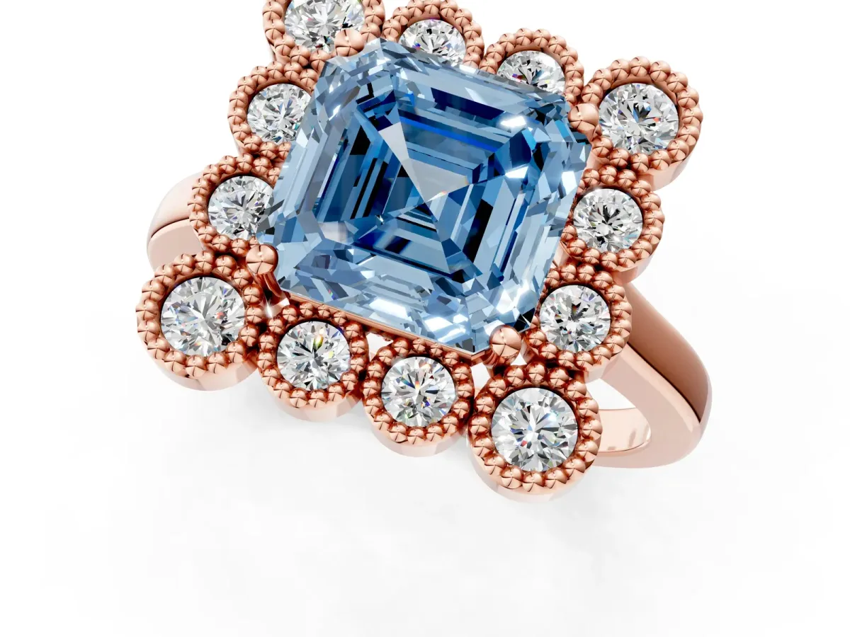Fancy Blue Asscher Cut Halo Diamond Cluster Engagement Ring with Milgrain Bezel Setting and Solitaire Band Rose gold