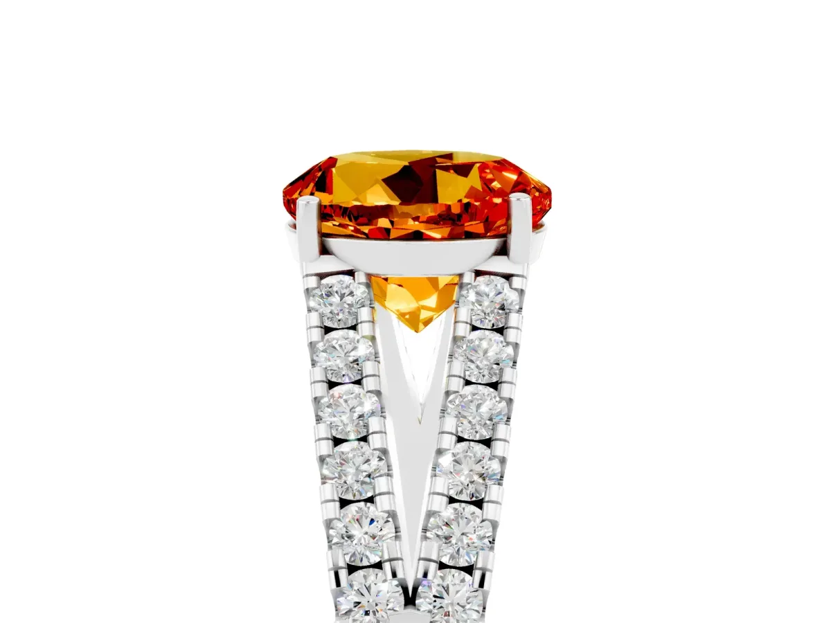 Round Cut Citrine Split Shank Engagement Ring with Round Pavé and Prong Setting Platinum