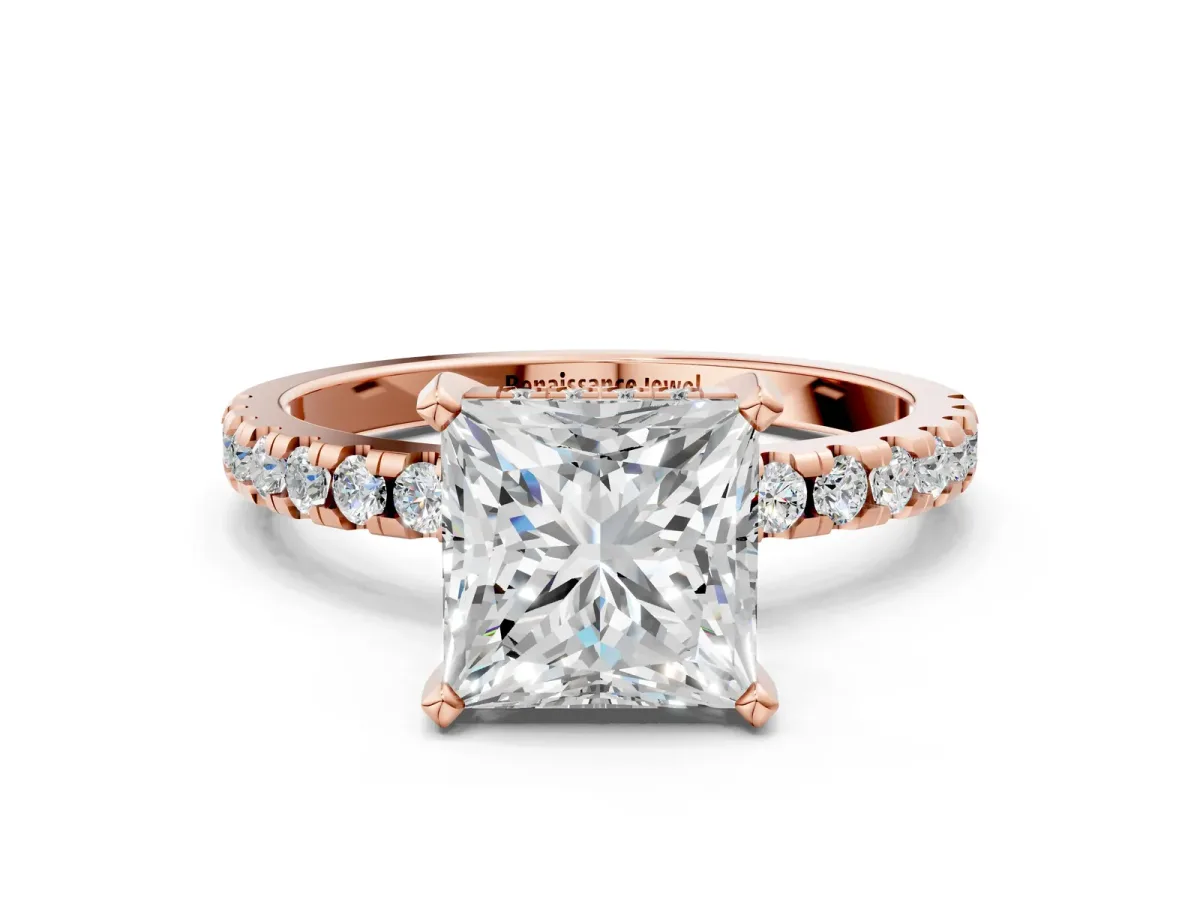 Princess Cut Diamond Solitaire Ring with Round Moissanite Pavé Band and Four-Prong Setting Rose gold