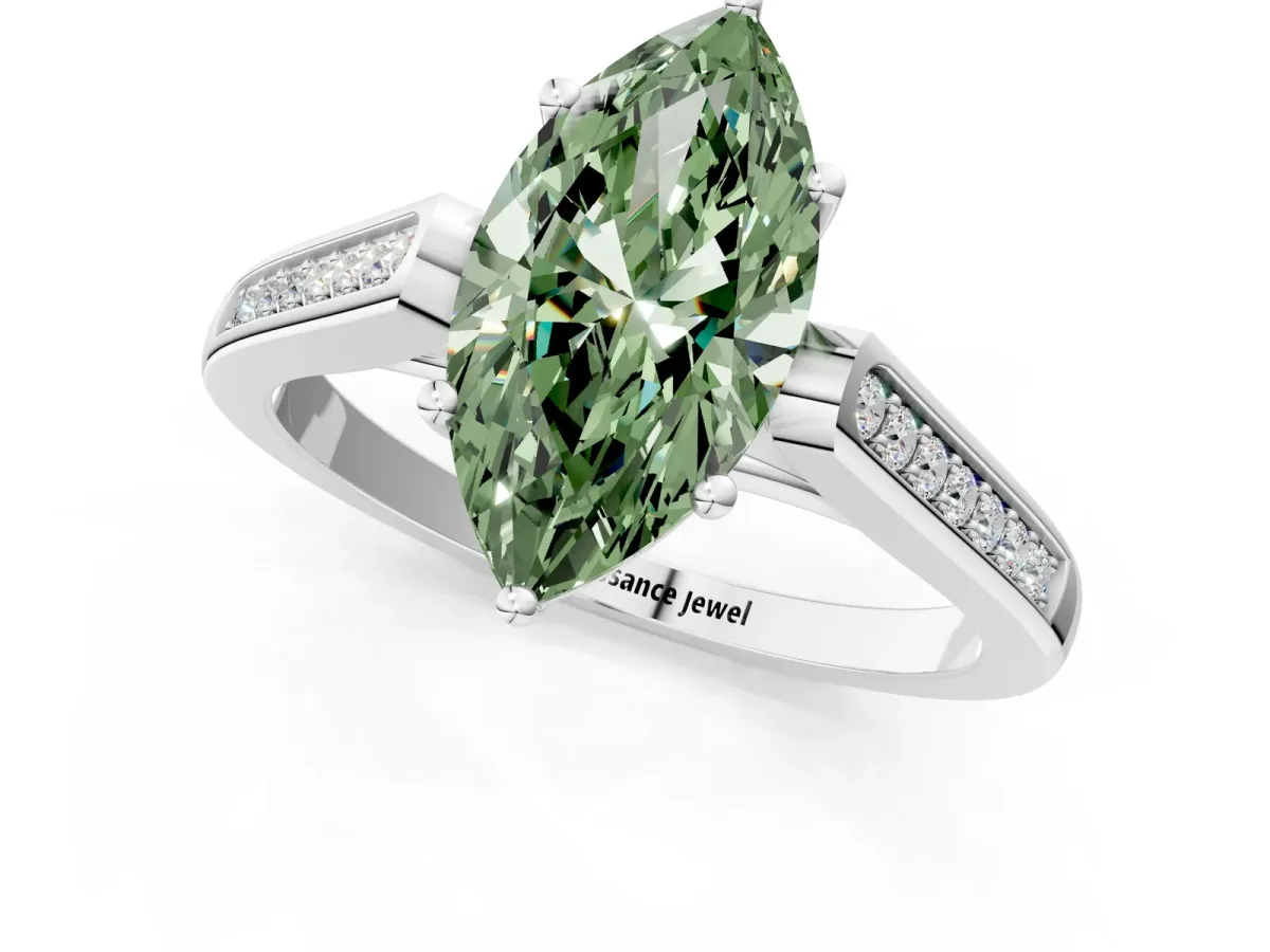 Fancy Green Marquise Cut Solitaire Cathedral Diamond Engagement Ring with Channel-Set Band and Four-Prong Setting Silver