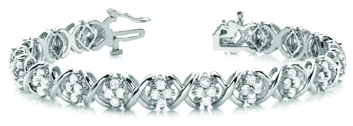 Round Cluster Diamond Tennis Bracelet with X-Link Band and Four-Prong Setting White gold