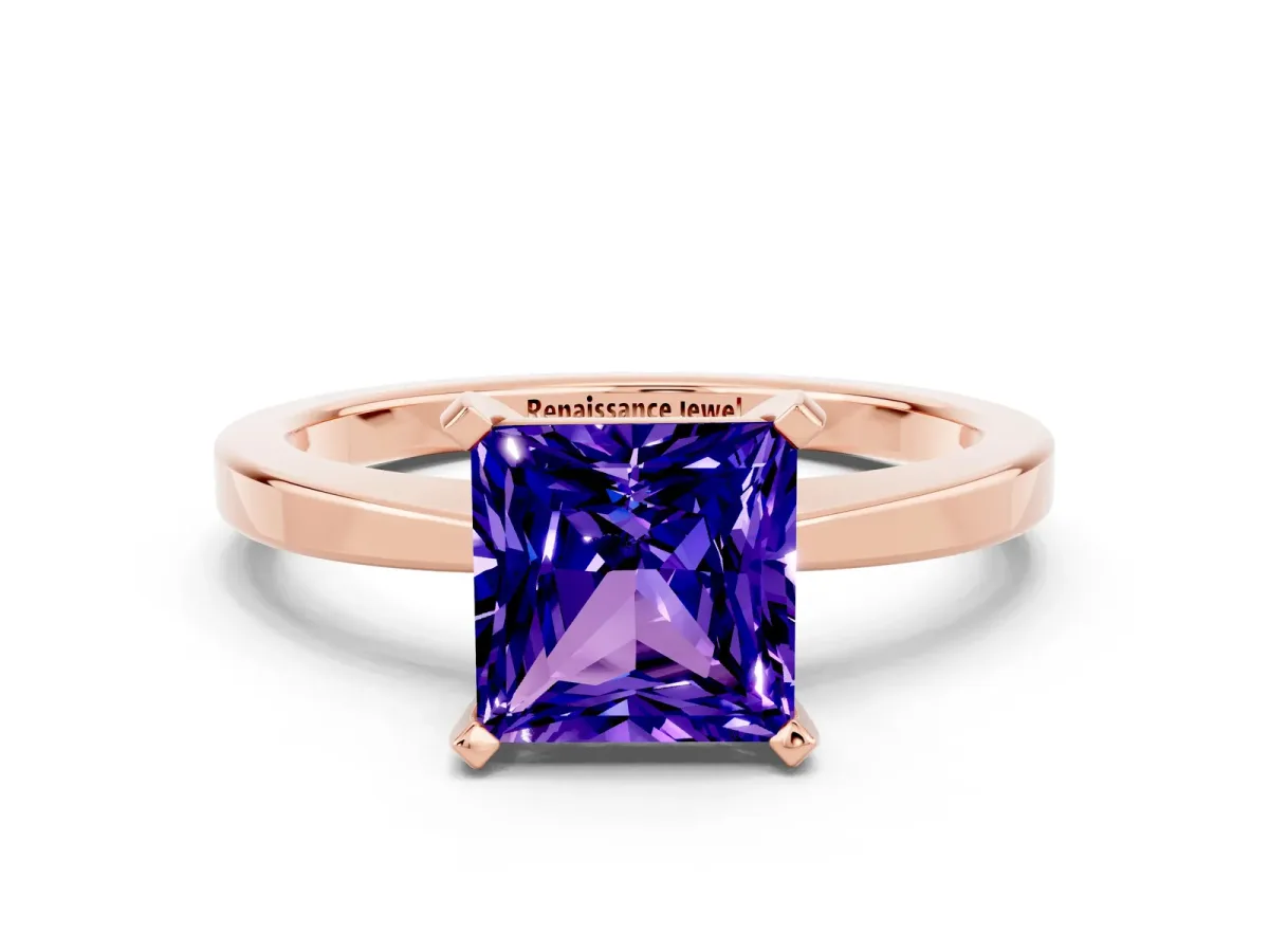 Princess Cut Tanzanite Solitaire Engagement Ring with Classic Band and Four-Prong Setting Rose gold