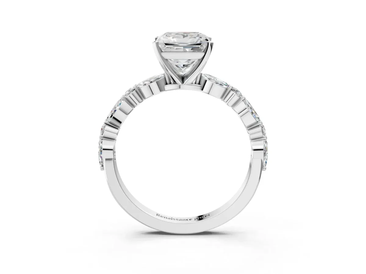 Princess Cut Diamond Ring with Marquise and Round Moissanite Side Stones and Four-Prong Setting Silver