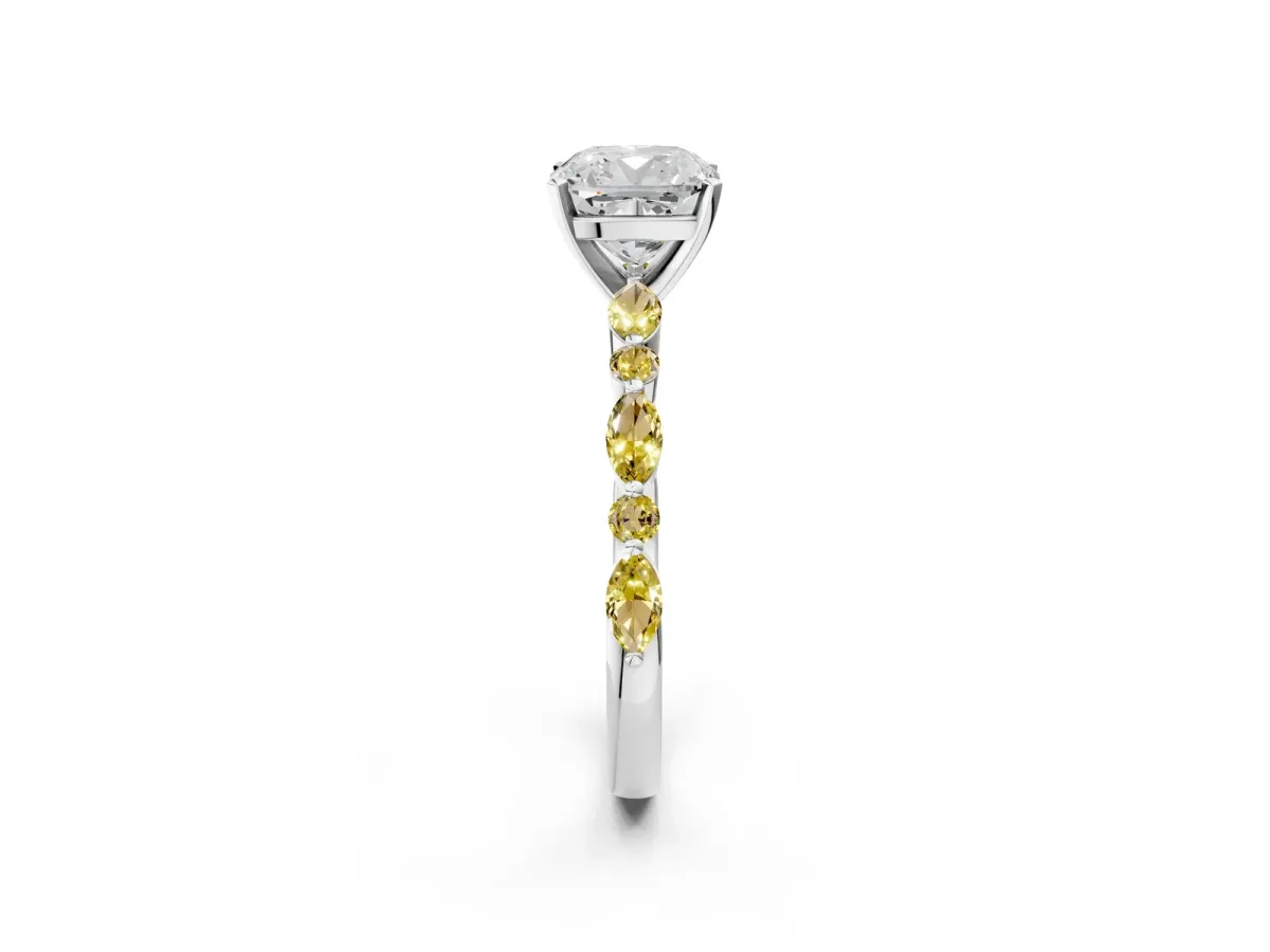 Cushion Cut Diamond Ring with Marquise and Round Yellow Sapphire Side Stones and Four-Prong Setting Platinum