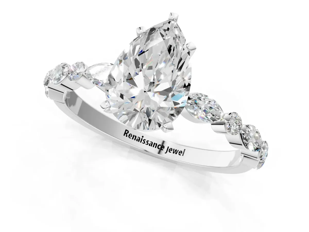 Pear Cut Diamond Ring with Marquise and Round Moissanite Side Stones and Four-Prong Setting White gold