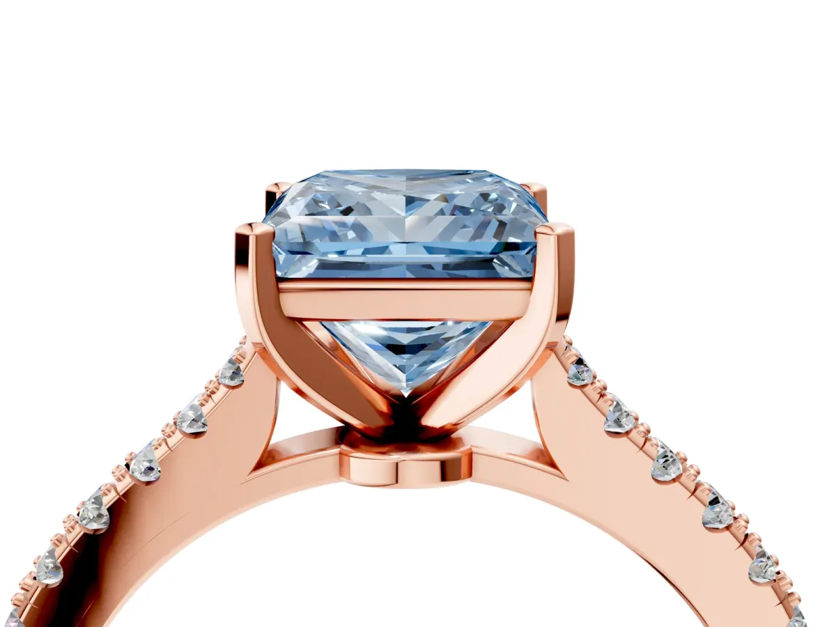 Fancy Blue Princess Cut Cut Solitaire Diamond Engagement Ring with Pave Band and Four-Prong Setting Rose gold