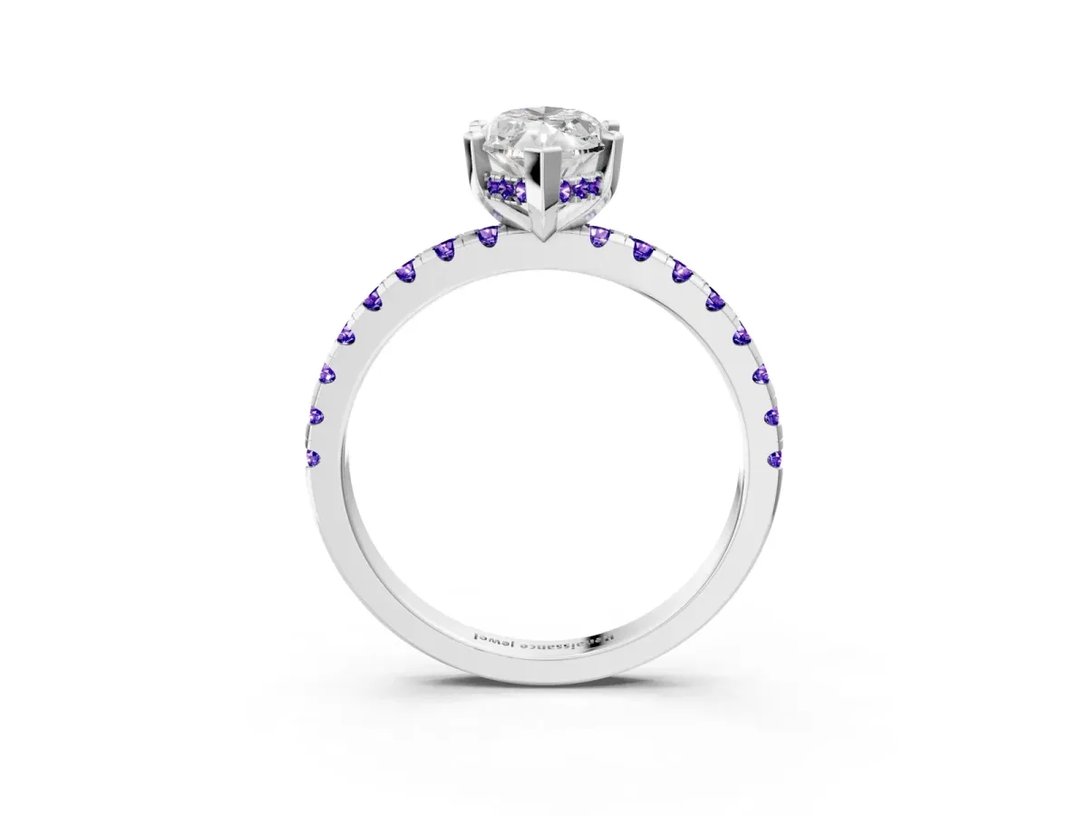Marquise Cut Diamond Solitaire Ring with Round Tanzanite Pavé Band and Four-Prong Setting White gold