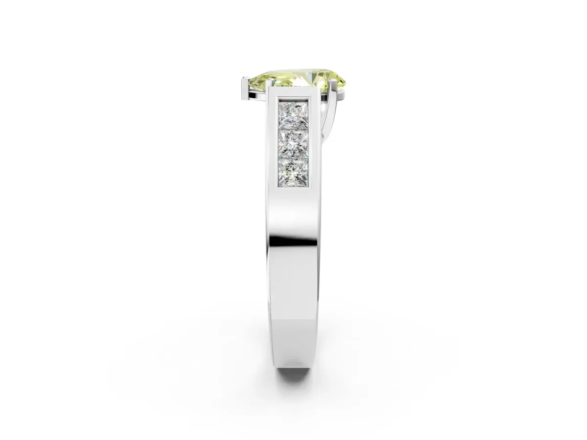 Fancy Yellow Pear Cut Cut Channel Set Solitaire Ring with Four-Prong Setting Platinum