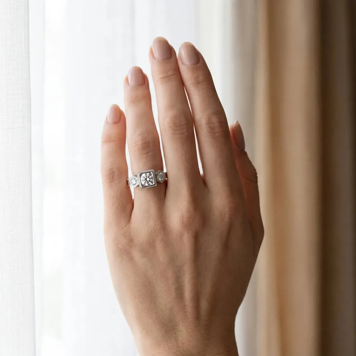 Bezel-Set Princess and Round Cut Milgrain Band Ring Silver