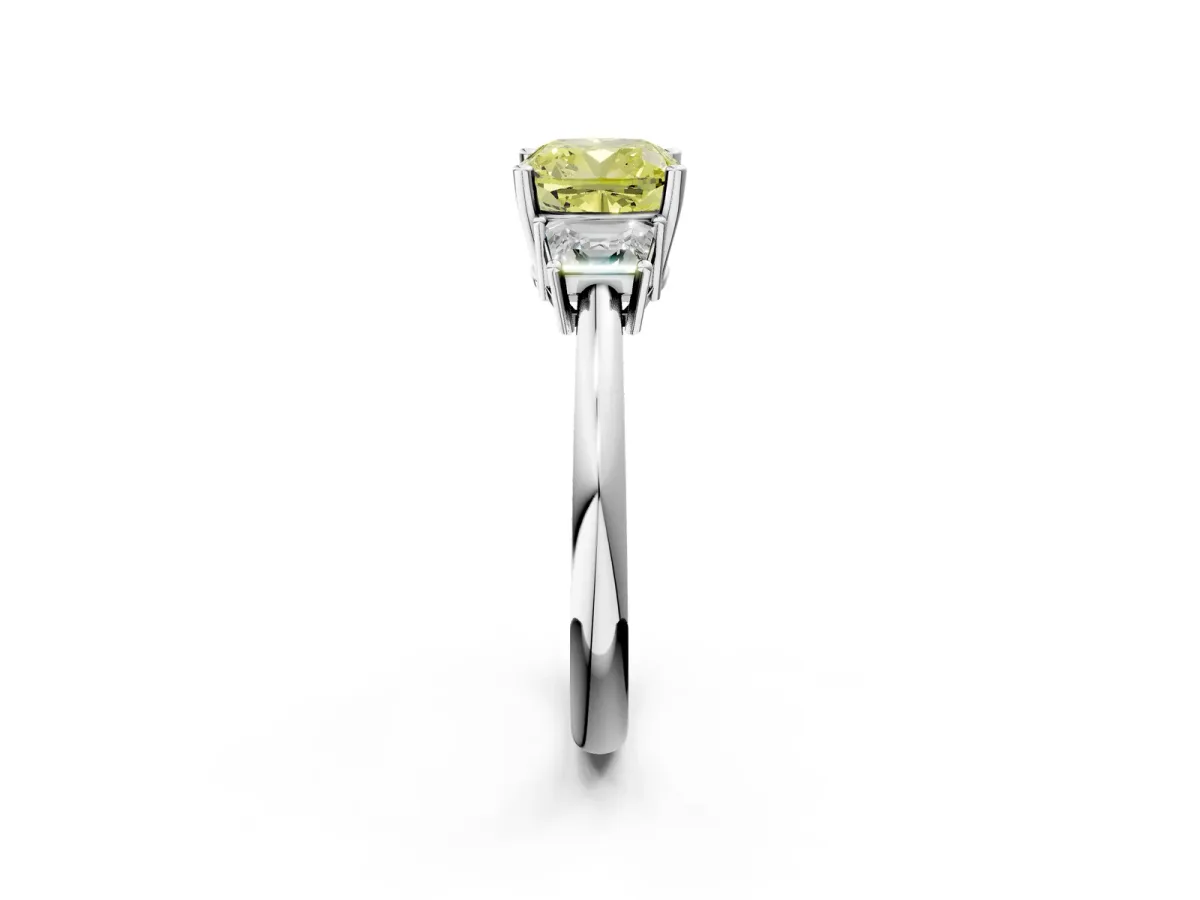 Fancy Yellow Cushion Cut Diamond Three-Stone Ring with Trapezoid Side Stones and Prong Setting Platinum