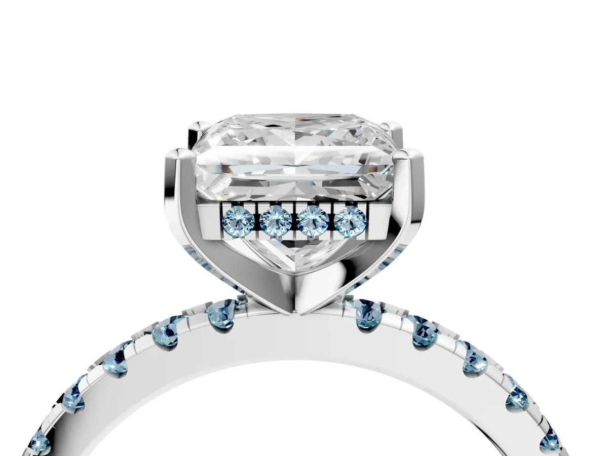 Princess Cut Diamond Solitaire Ring with Round Aquamarine Pavé Band and Four-Prong Setting Platinum