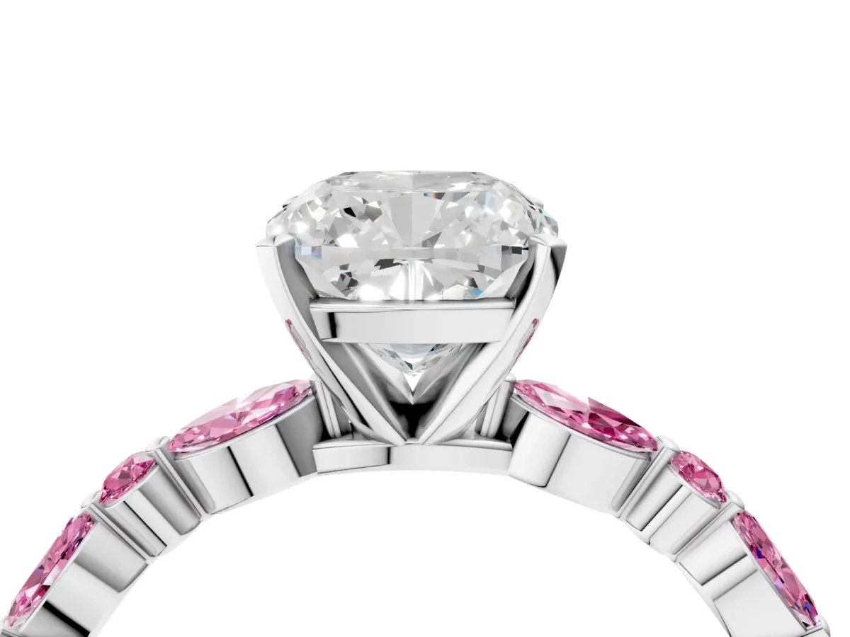Cushion Cut Diamond Ring with Marquise and Round Pink Sapphire Side Stones and Four-Prong Setting Platinum