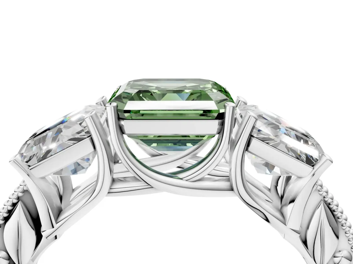 Fancy Green Three-Stone Asscher Cut Cut Milgrain Pavé Engagement Ring Platinum