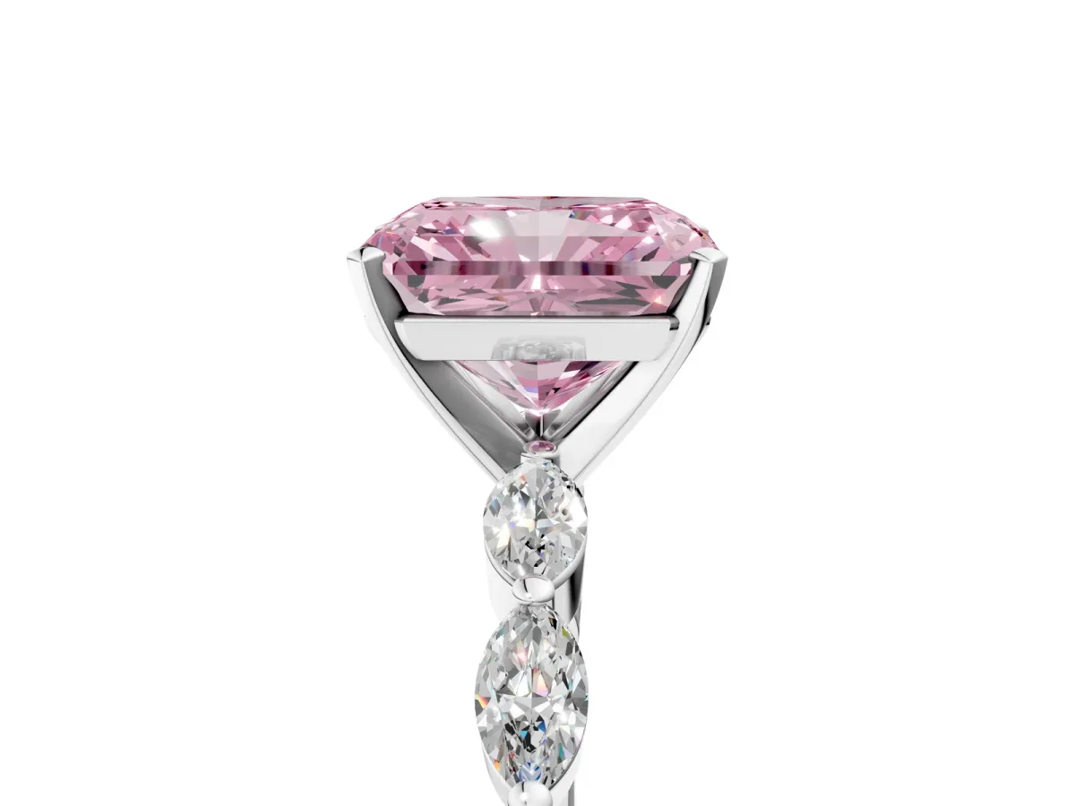 Fancy Pink Radiant Cut Diamond Ring with Marquise Side Stones and Prong Setting Platinum