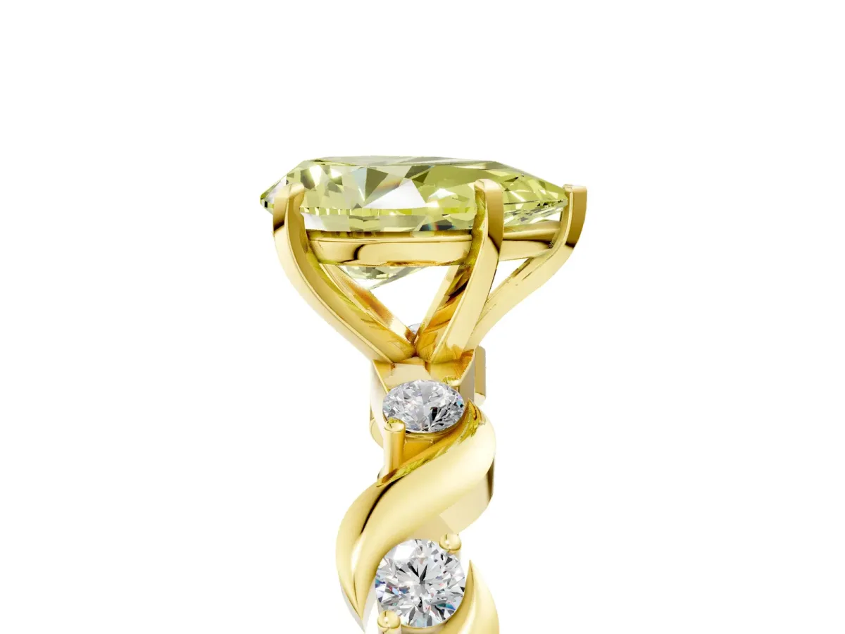 Fancy Yellow Pear Cut Diamond Solitaire Twisted Band with Round Accents and Prong Setting Yellow gold