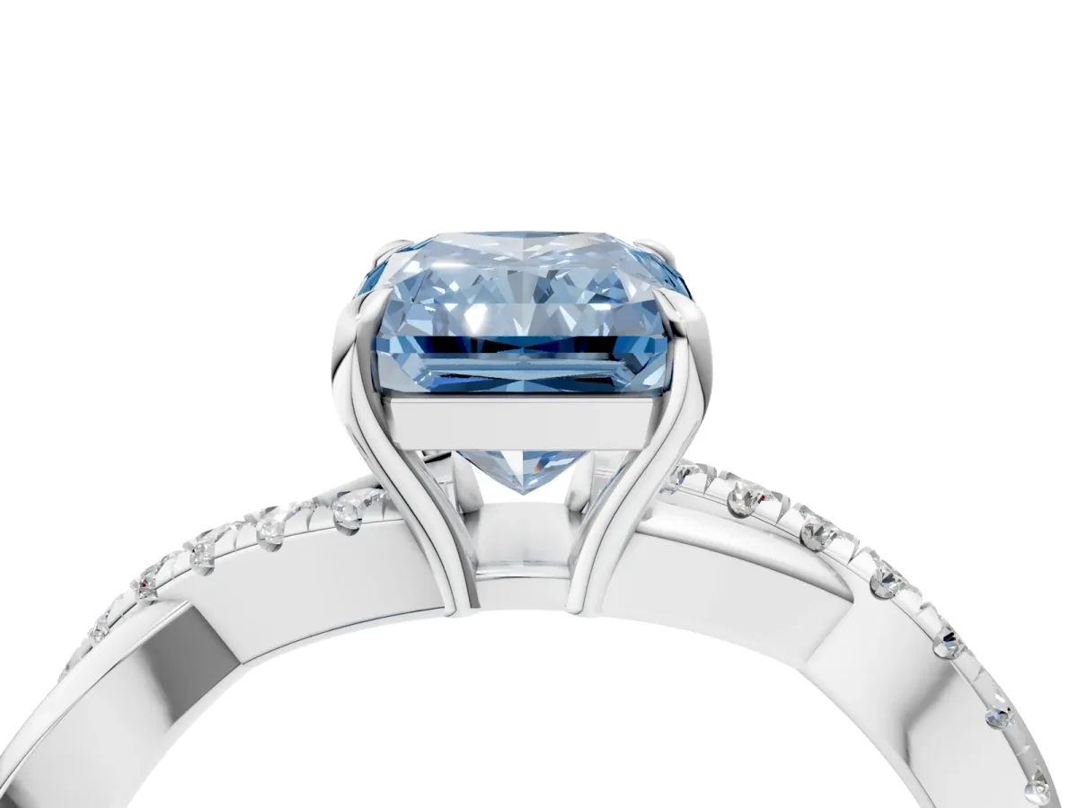 Fancy Blue Radiant Cut Cut Diamond Twisted Band with Pavé Setting and Four-Prong Setting Platinum