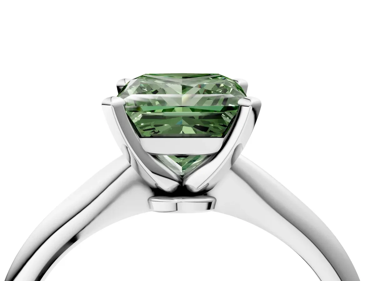 Fancy Green Princess Cut Diamond Solitaire Engagement Ring with Classic Band and Four-Prong Setting White gold