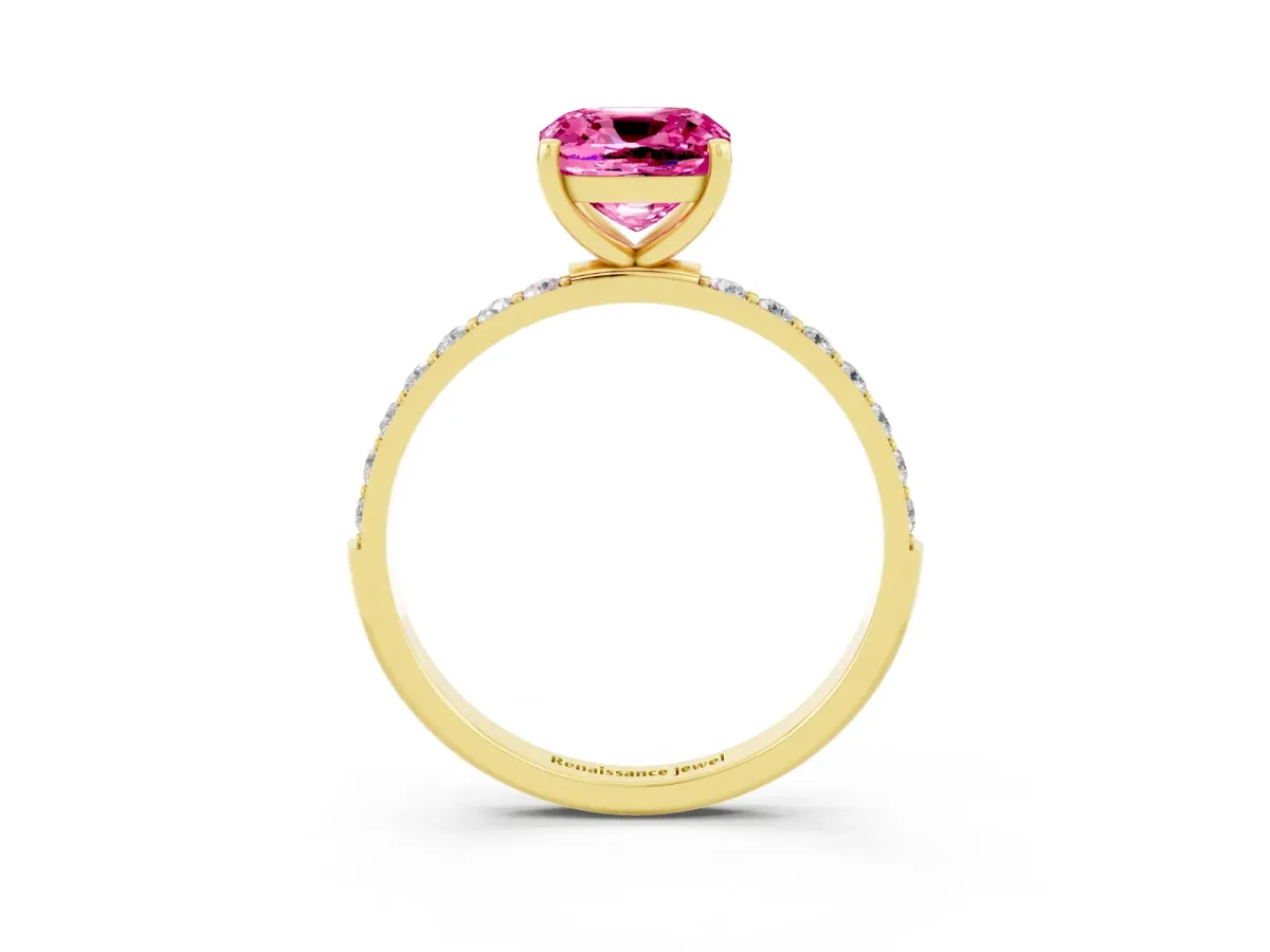 Cushion Cut Pink Sapphire Solitaire Ring with Round Pavé Band and Prong Setting Yellow gold