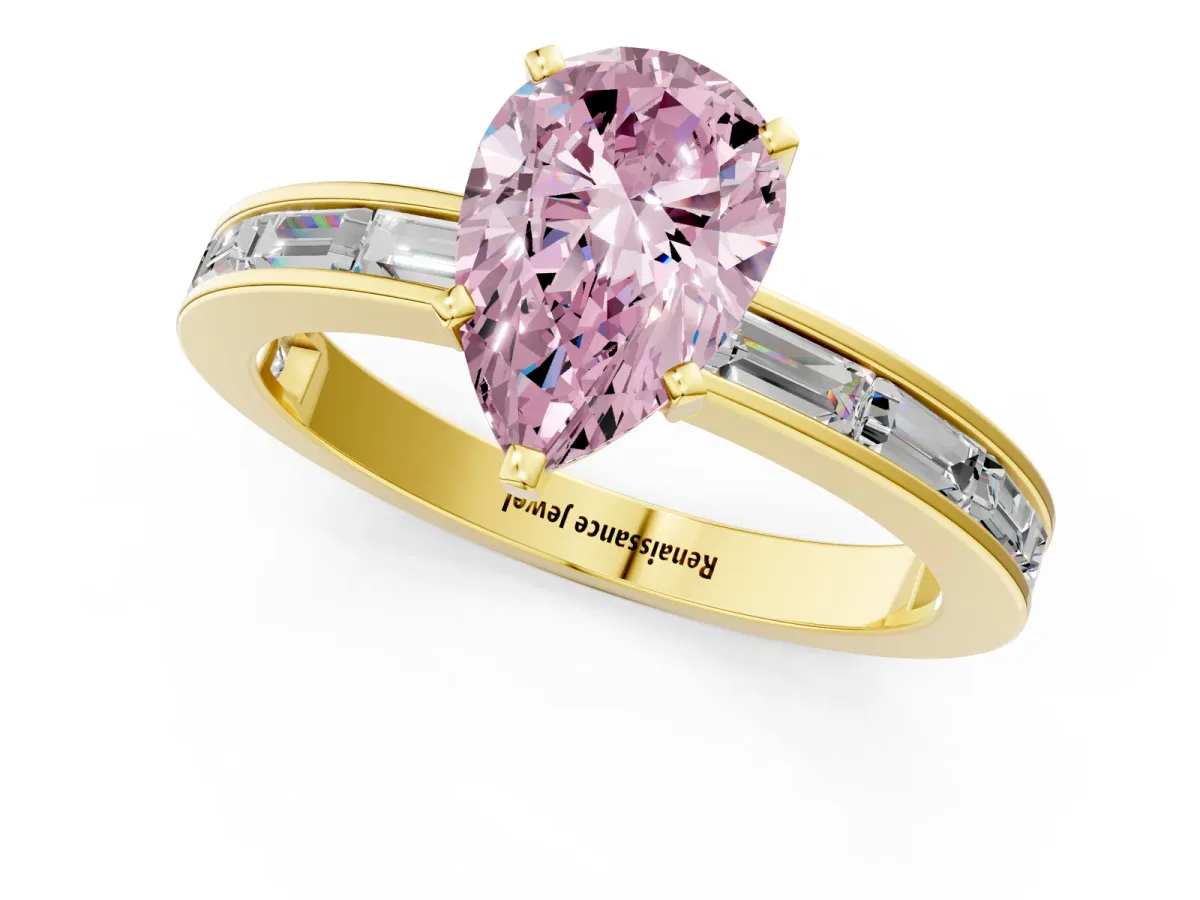 Fancy Pink Pear Cut Solitaire Diamond Ring with Channel-Set Baguette Band and Four-Prong Setting Yellow gold