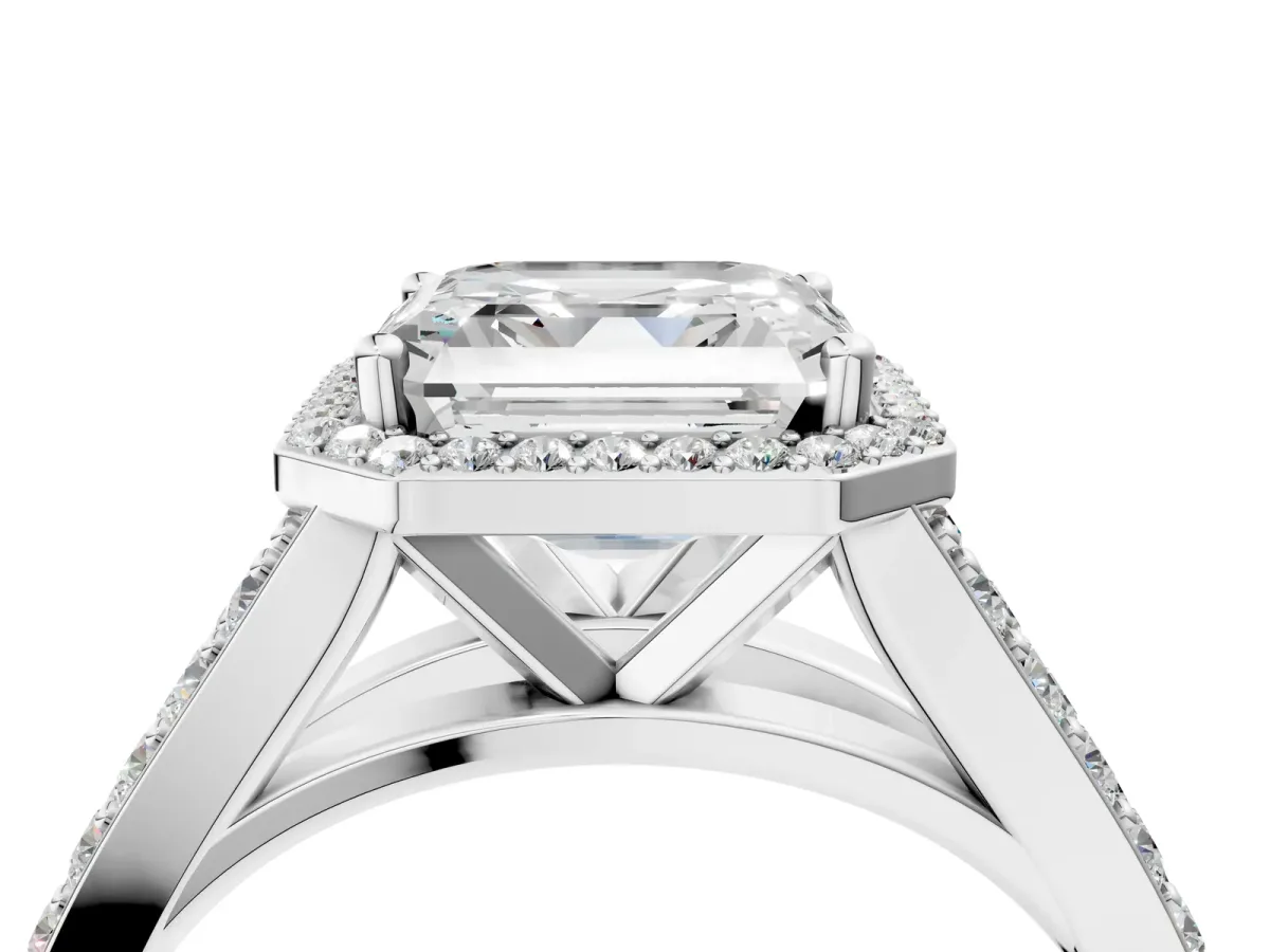 Asscher Cut Diamond Split Shank Halo Ring with Four-Prong Setting Platinum