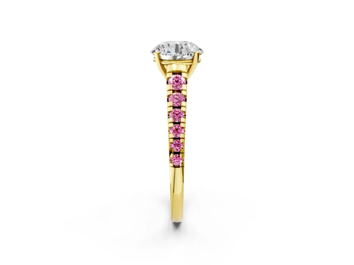 Round Cut Diamond Cathedral Solitaire Ring with Round Pink Sapphire Pavé Band Yellow gold